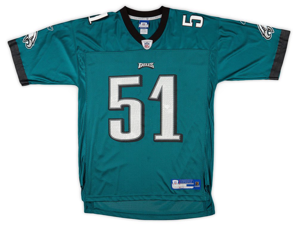 2007 PHILADELPHIA EAGLES SPIKES #51 REEBOK ON FIELD JERSEY (HOME) L 1 CAS 13 07 OLB 3